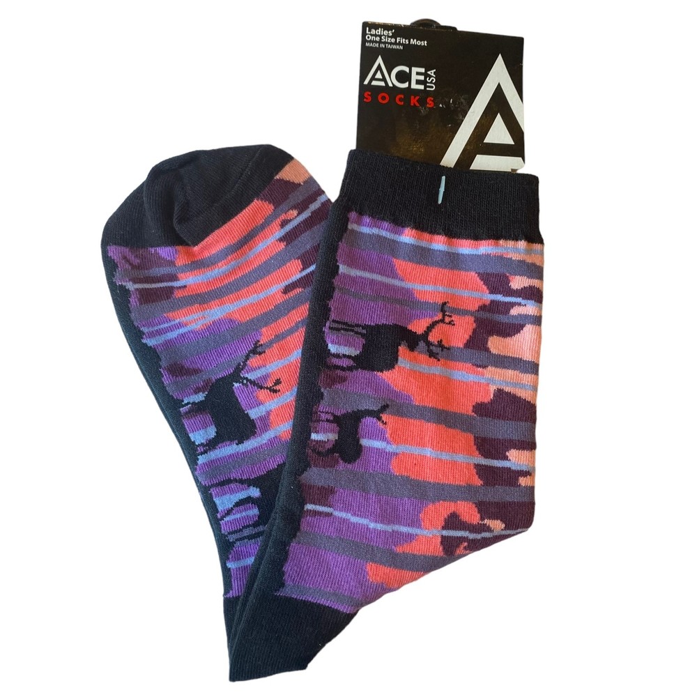 Ace USA Ladies Black Purple Pink Wilderness Deer Socks One Size